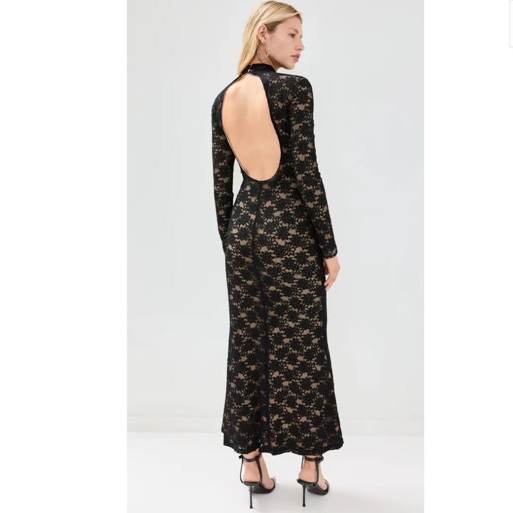 NWT Runway The Label Maeya Black Stretch Lace Open Back Column Maxi Size Medium